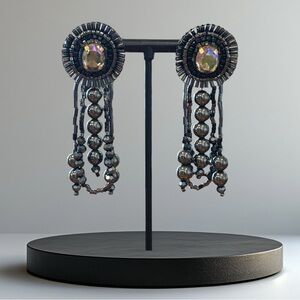 Handmade Black & Gray Beaded Fringe Art Deco Rhinestone Earrings